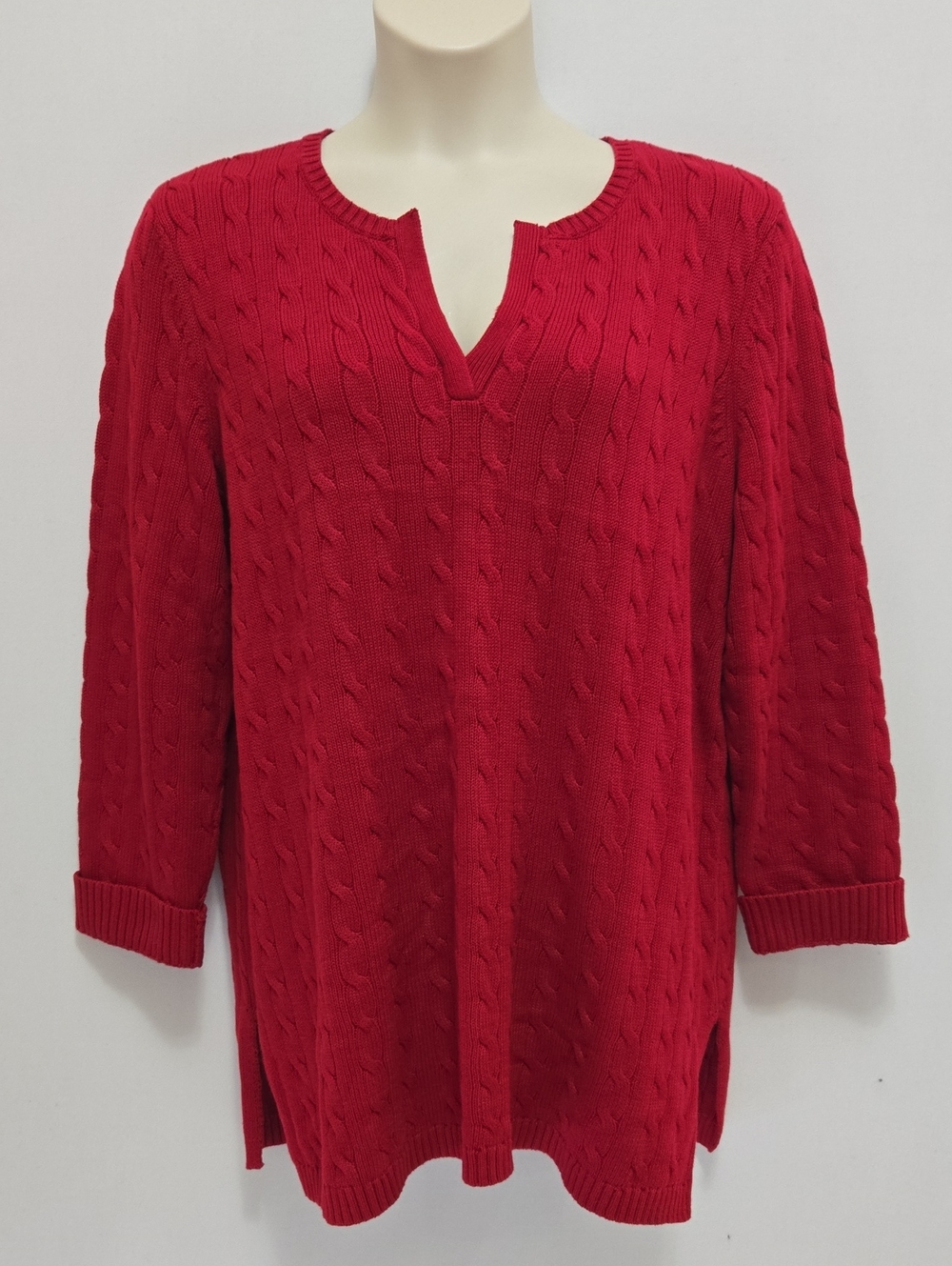 Lauren Ralph Lauren Red Cable Knit V-neck Tunic Sweater 2X Preppy Holiday